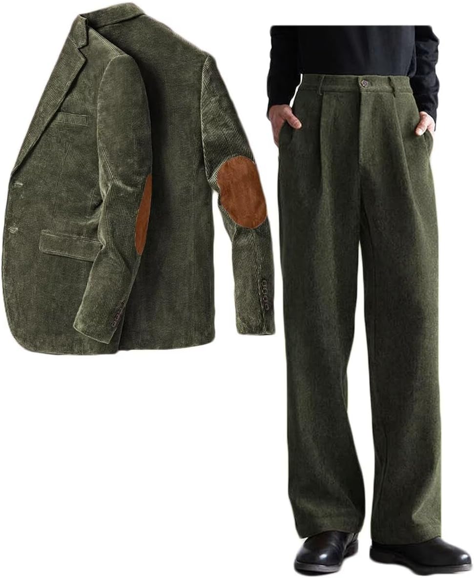 ONAXTDA Elbow Patch Corduroy 2 Piece Jacket Pants Set for Men Two Button Casual Txuedo for Prom Party Wedding