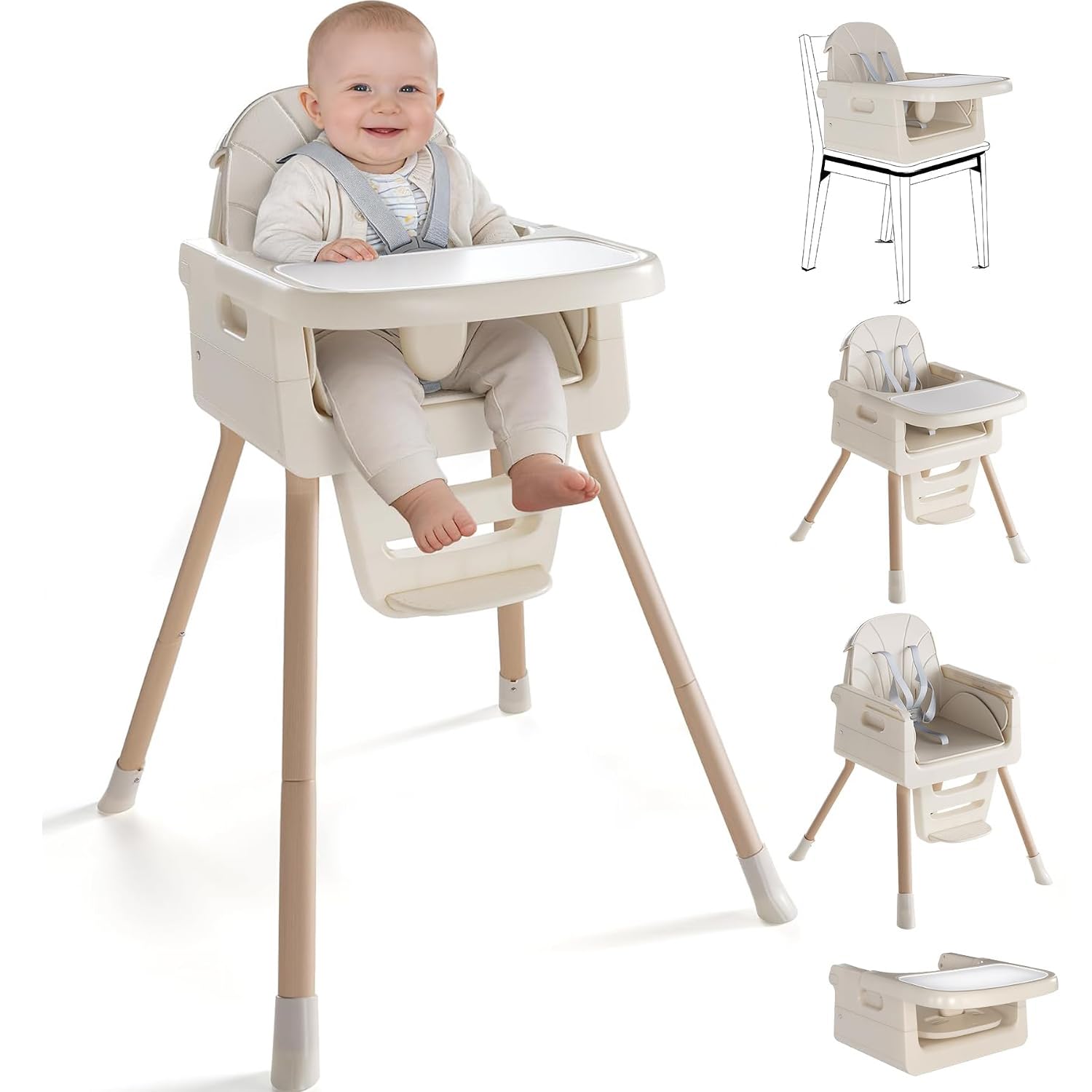 Photo 1 of EverKiddo Baby High Chair for 6 Months+, Foldable High Chairs for Babies and Toddlers, Convertible High Chair, Adjustable Tray & Footrest, Portable High Chair & Easy to Clean(White with Wood Grain)