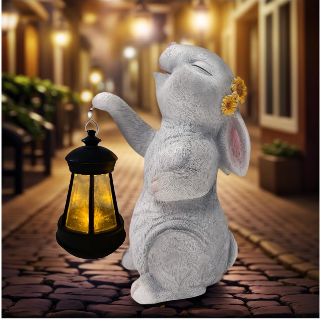 Estatua solar de conejo de jardín con luz LED, decoraciones de Pascua al aire libre para el hogar, patio, césped y patio, figura de resina impermeable, regalo para mamá, Navidad, Día de la