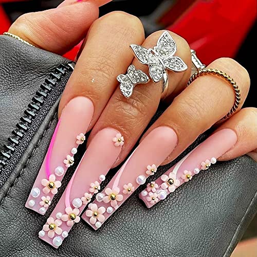 3D Flower Nail Charms, 2 Boxes 3D Acrylic Flower Nail Art Rhinestones White Pink Mixed Cherry Blossom Spring Acrylic Nail Supplies With Pearls Manicure Diy Nail Decorations #TOP2