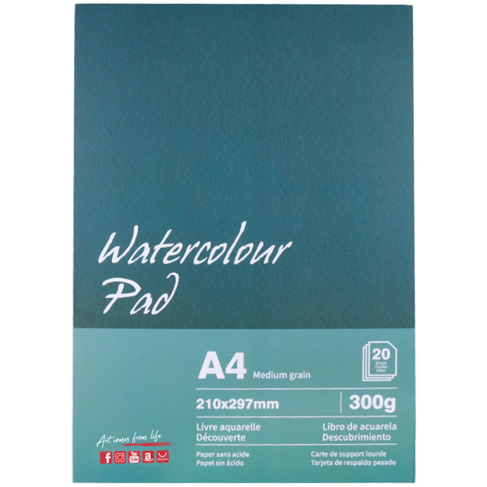 A4 Aquarellpapier Block, 300 g/m², 20 Blatt, einseitig geleimt, mit Baumwollzellstoff, säurefrei, dickes kaltgepresstes Aquarellpapier für Aquarell und Buntstiftmalerei