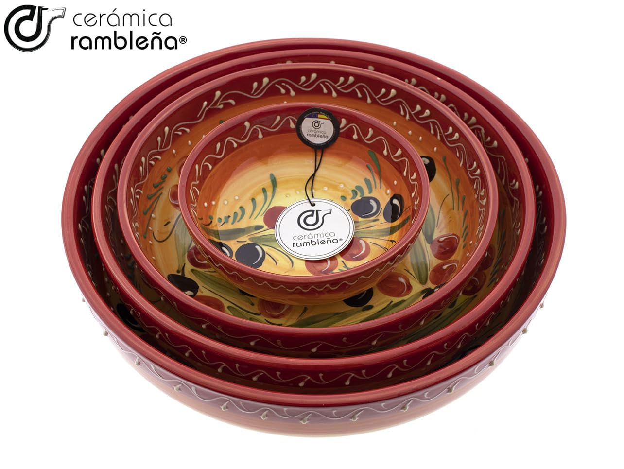 CERÁMICA RAMBLEÑA | Ensaladera cerámica | Ensaladeras originales | Conjunto x4 Ensaladeras decoración Aceitunas - Modelo 31 | Decoración 100% hecho a mano