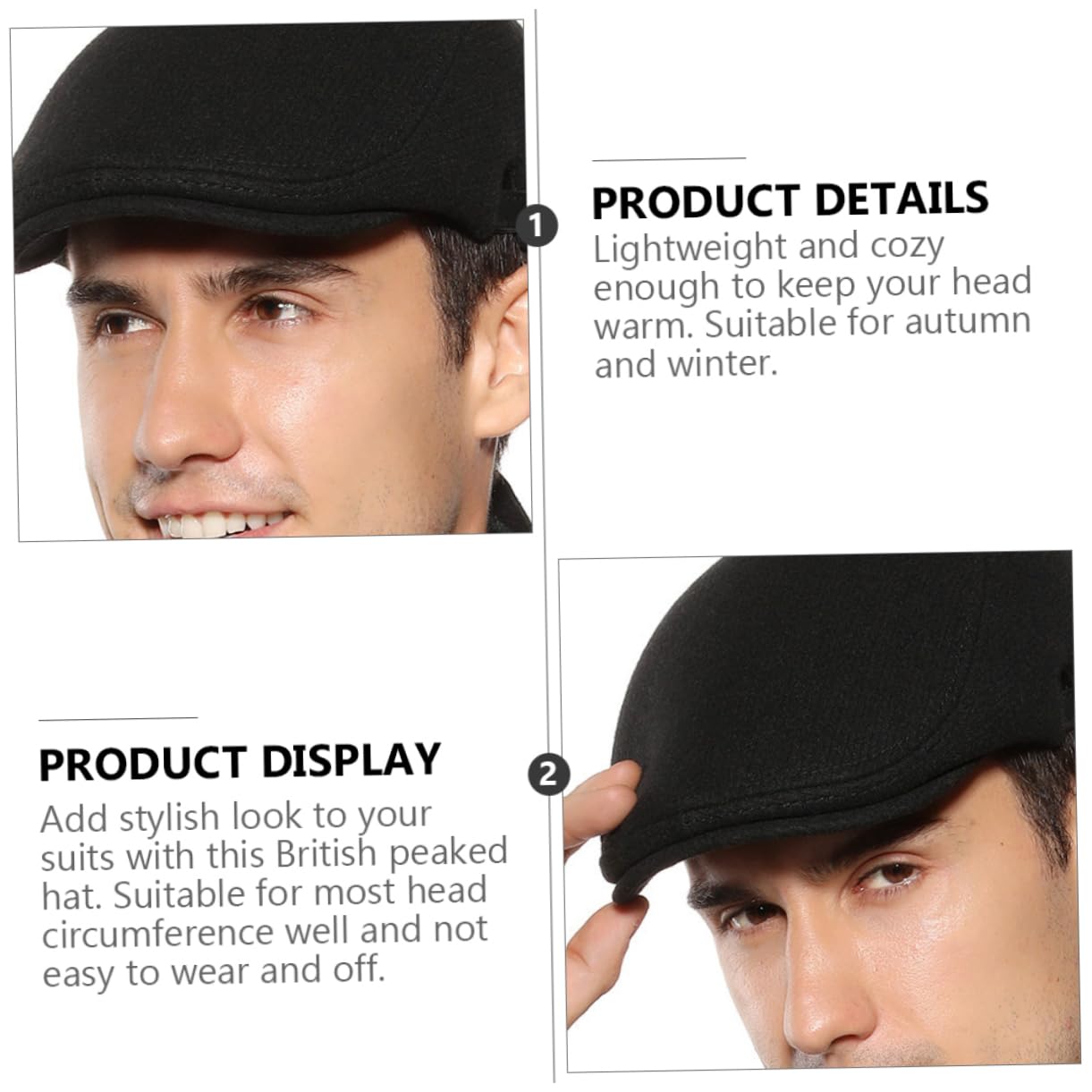 COLLBATH Adjustable Vintage Peaked Beret Hat Lightweight Woolen Beanie for Men Fashionable Cabbie Black