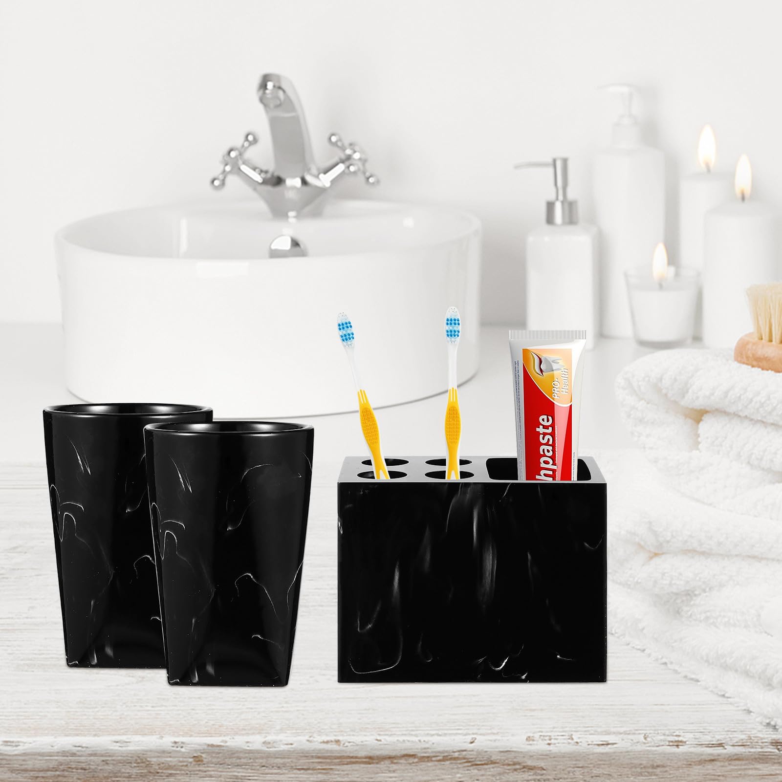 Set de Accesorios para Baño de Resina Diseño Jaspeado Negro, Juego de 5 Piezas Soporte para Cepillos de Dientes, Vaso para Enjuague Bucal, Jabonera y Botella de Almacenamiento,