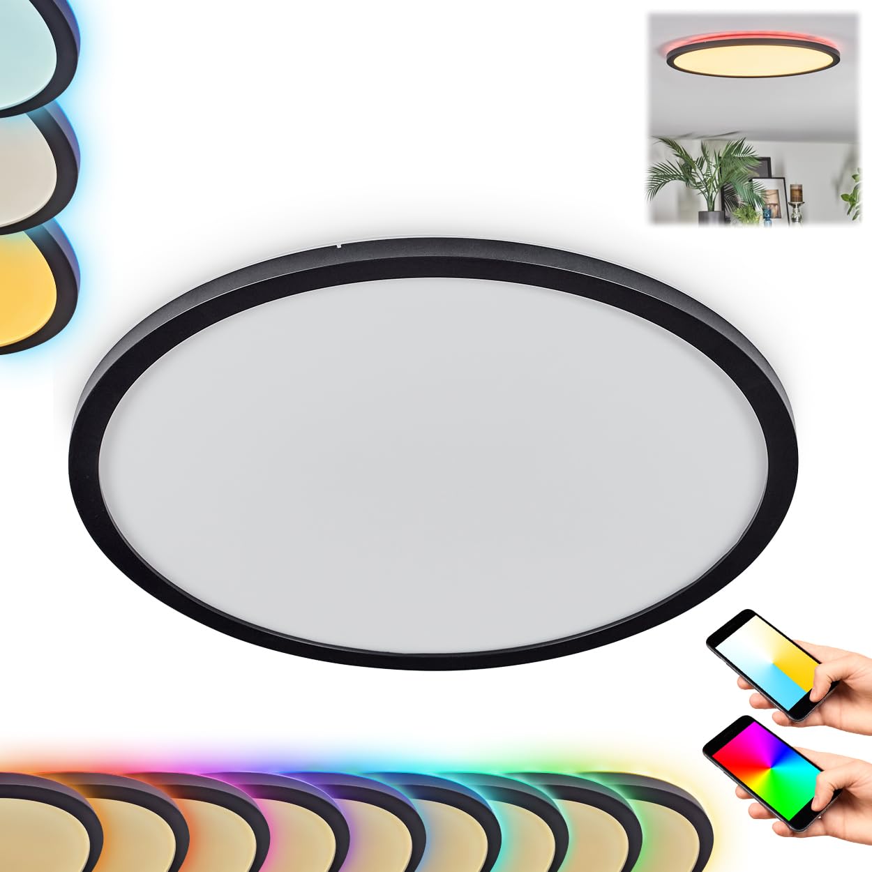 HOFSTEIN LED Deckenpanel Zuren, dimmbare Deckenleuchte aus Metall/Kunststoff in Schwarz/Weiß, RGB Farbwechsler, 24,5 W, 2200 L, 2700-6500 K, CCT, Smart Home/App, Wohnzimmer, Schlafzimmer, Küche