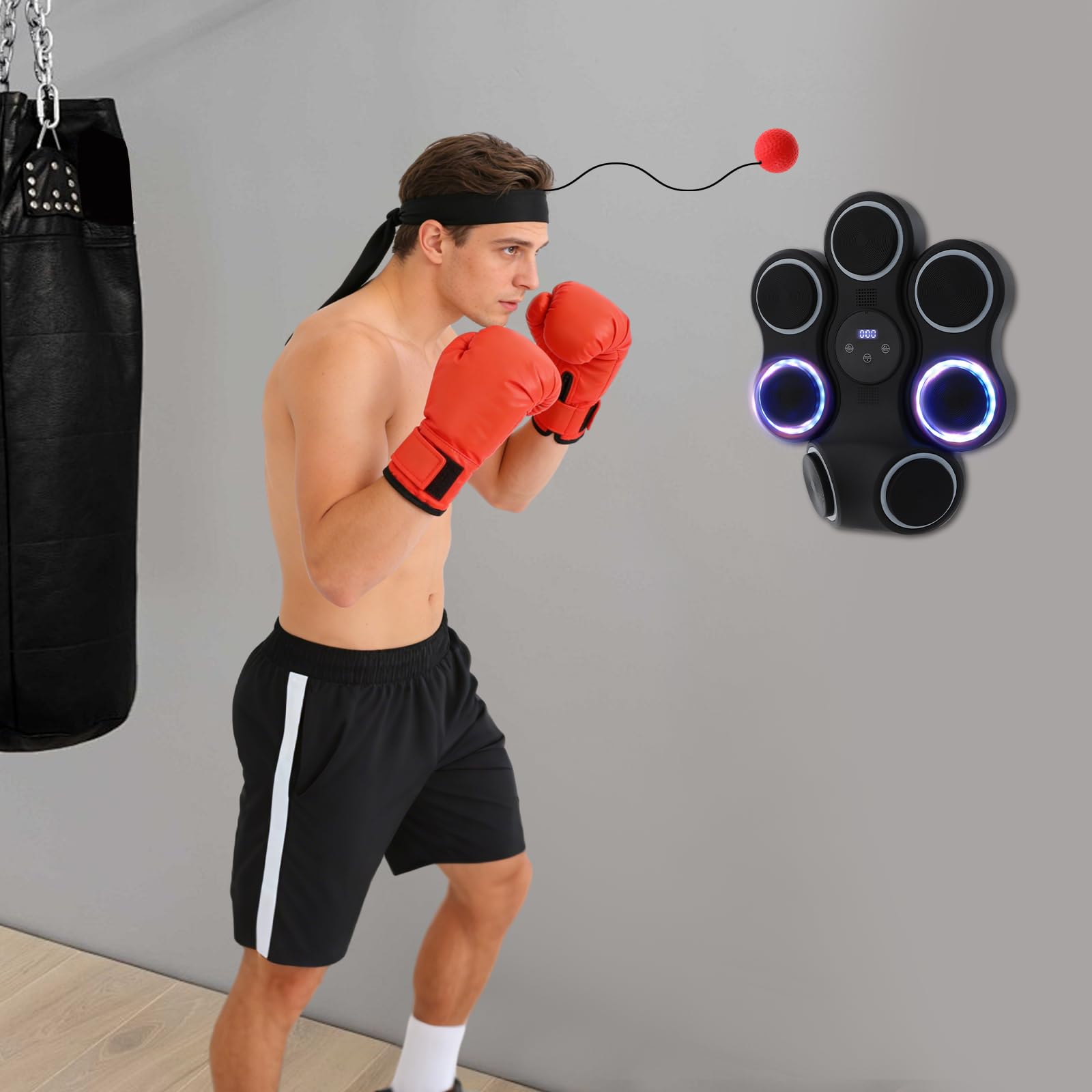 Entrenador de boxeo inteligente para montaje en pared, 7 objetivos electrónicos con gancho izquierdo+derecho, 11 modos y 9 velocidades, música Bluetooth y LED, máquina de boxeo para adultos y niños