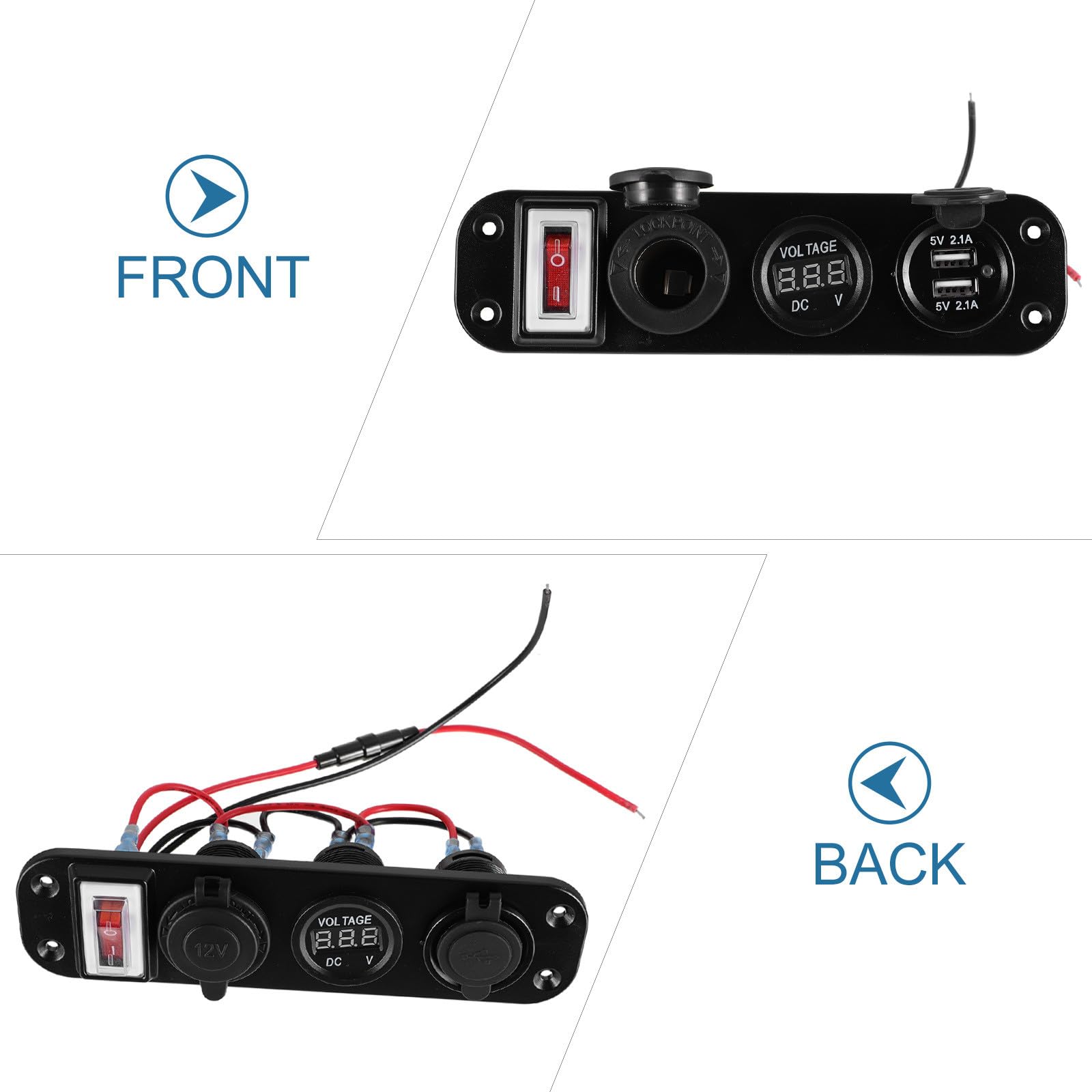 Caricabatteria da Auto USB Doppia Presa 4200ma Voltmetro | Pannello a Tre Fori, Ingresso 12-30v e Uscita 5v, Corpo in Pp Blu, Installazione per Auto