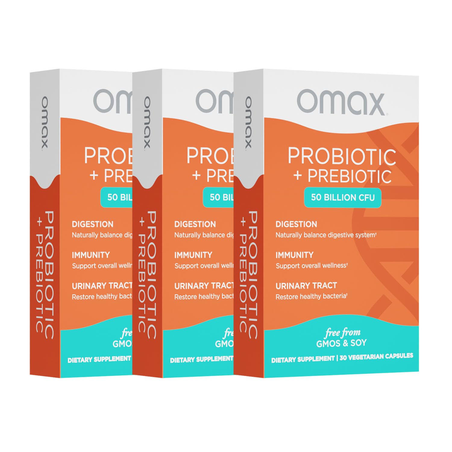 Omax Probiotic & Prebiotic 50 Billion CFU – 10 Strains with Chicory Inulin – Digestive & Gut Health Support, Bloating Relief – Vegan, Non-GMO, Dairy & Gluten-Free – 3 Pack (90 Day Supply)