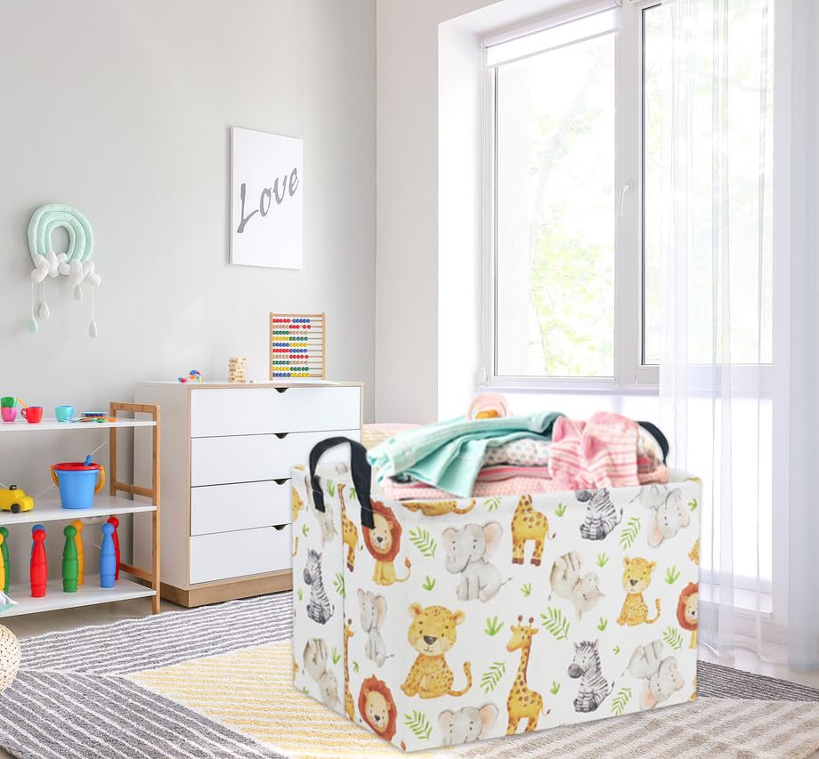 Image of Rectangular Woodland Animal Basket Kids Baby Storage Basket Toy Storage Bin Organizer Box Animal Room Decor(Green Animal)