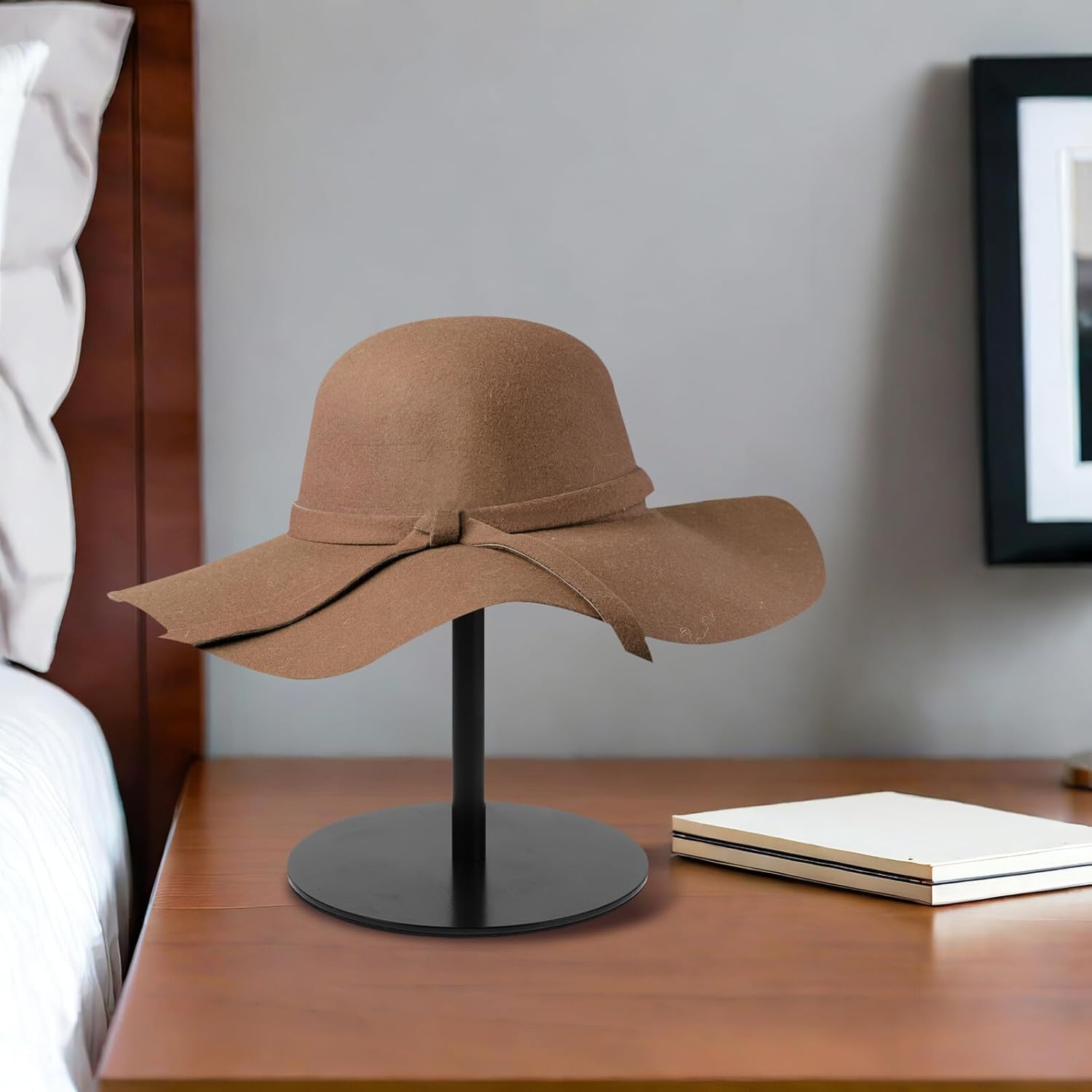 minkissy Wood and Metal Hat Display Rack with Black Base Baseball Cap Organizer Stand for Retail and Home Storage Tabletop Wooden Hat Rack