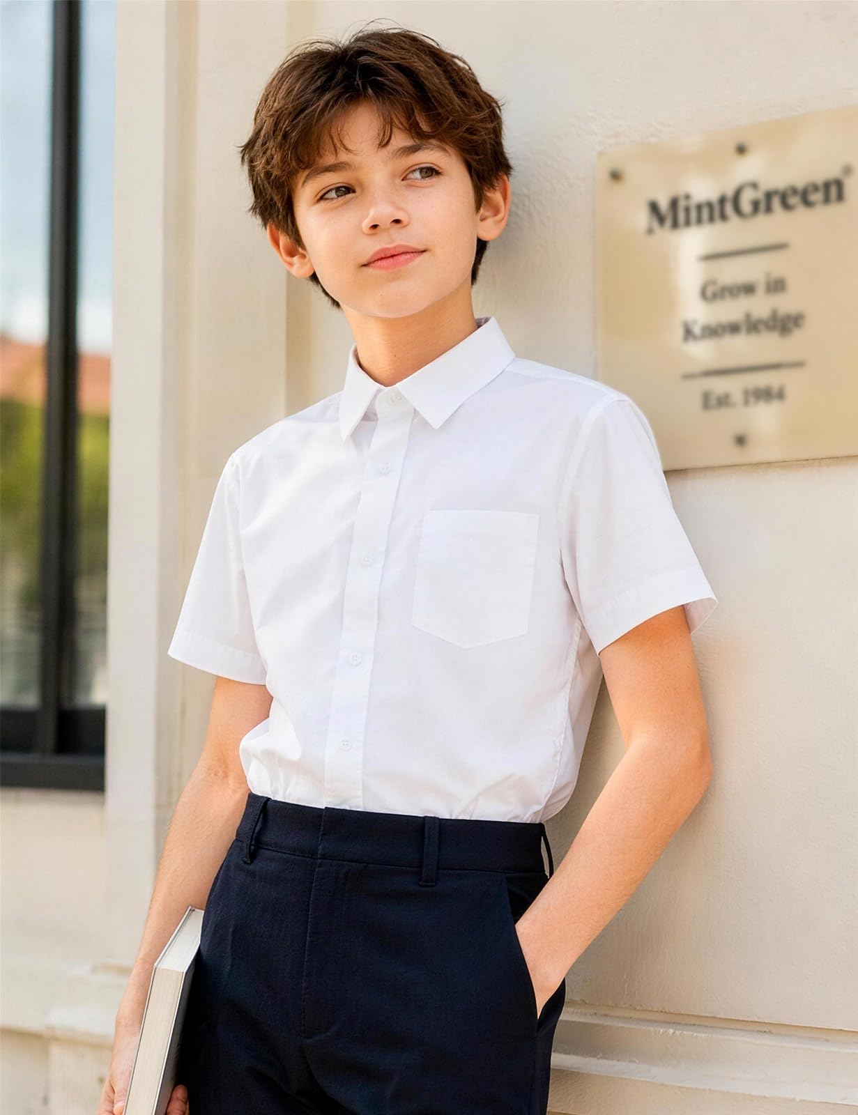mintgreen Ragazzo Camicia a Maniche Corta con Bottoni in Cotone, 7-14 Anni