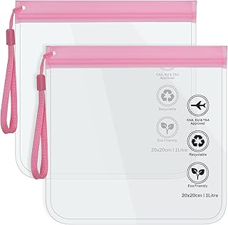 Clear Travel Toiletry Bag - Airport Security Liquids Bags, Airport Liquid Bag 20 x 20cm TSA Approved, Travel Accessories Makeup Bags Holiday Essentials Luggage for Men Women (2pcs Pink)