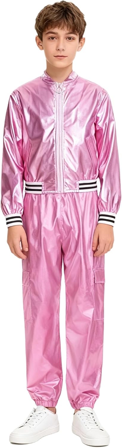 Kids Boys Girls Shiny Metallic Long Sleeve Bomber Jacket Coat and Hip Hop Jazz Modern Dance Pants Set Tracksuit