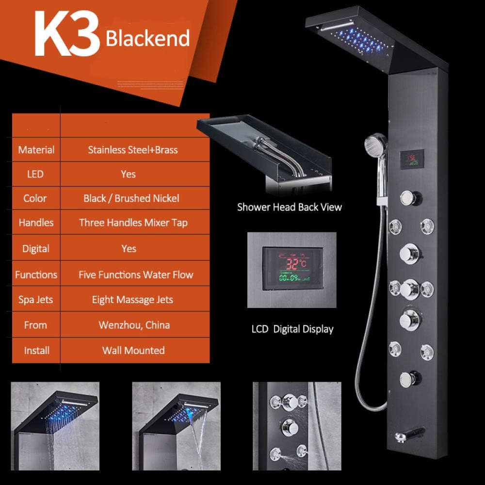 Black LCD Hydroelectricity Shower Panel LED Rain Waterfall Shower Column Three Handles Mixer Tap SPA Massage Jets Shower