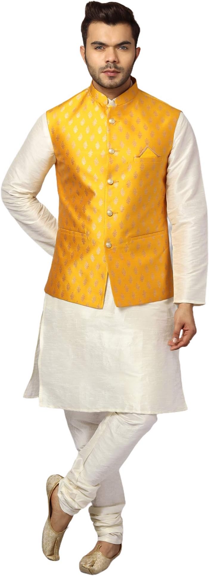 Men's Off-White Silk Blend Kurta Pyjama with Stylish Embroidered Ethnic Jacket