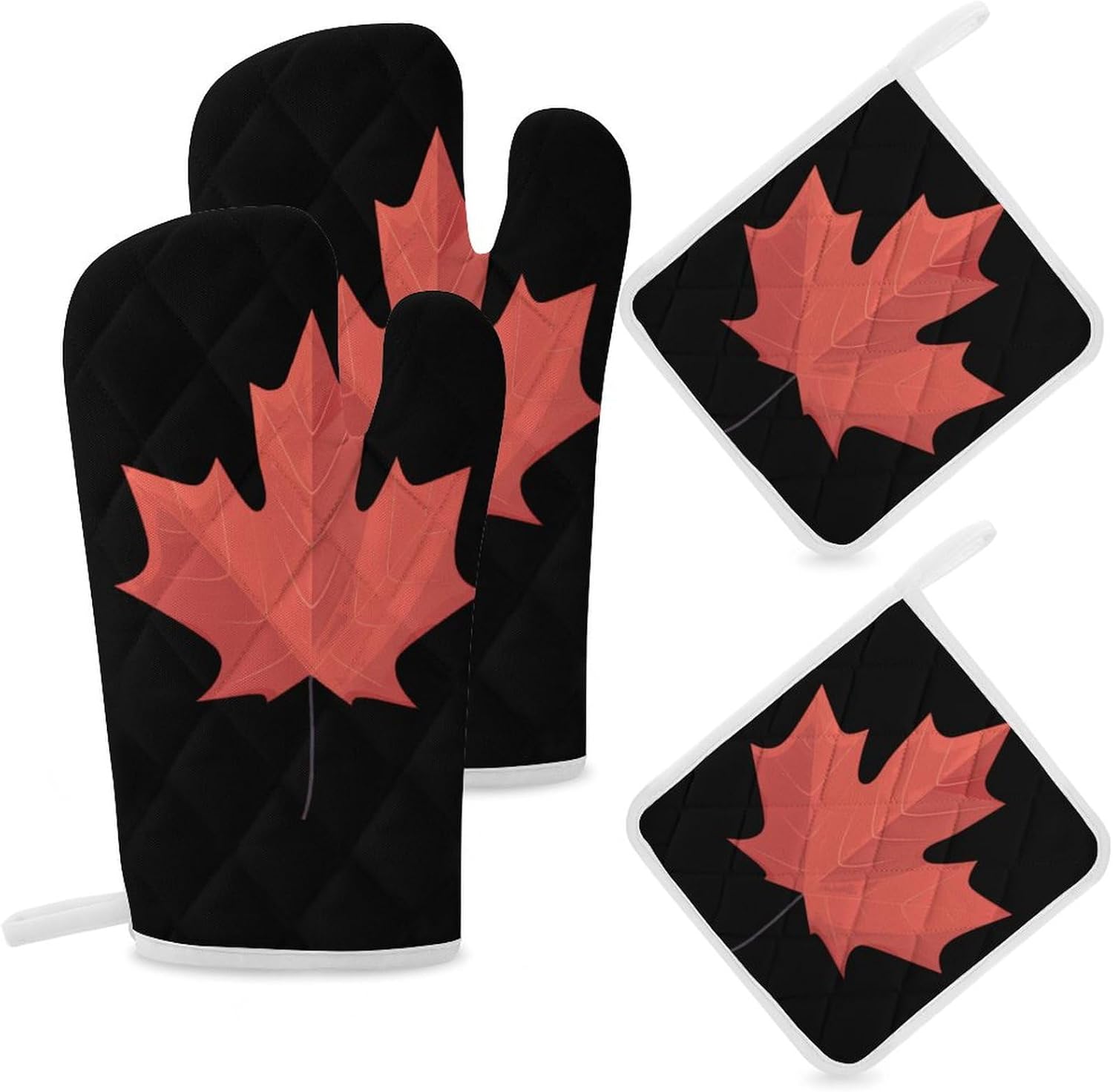 Canadian Maple Leaf 4 Pcs Oven Mitts and Pot Holders Set High Heat Resistant Long Kitchen Oven Glove Potholders