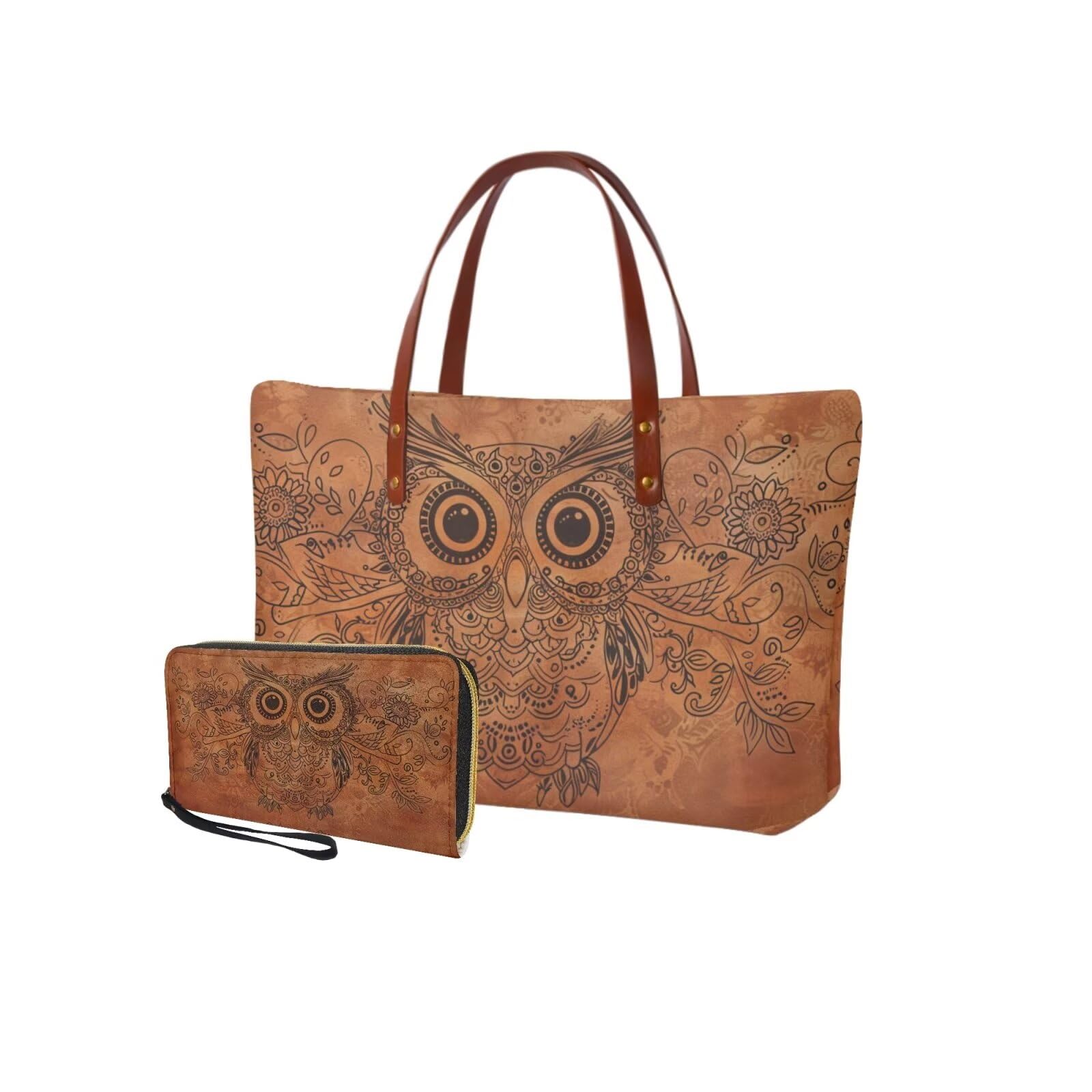 Lotusorchid Vintage Owl Printed Satchel Purses for Women, Durable Top Handle Bag Lightweight Handbag Wallet Set, Large Tote Bags for Women