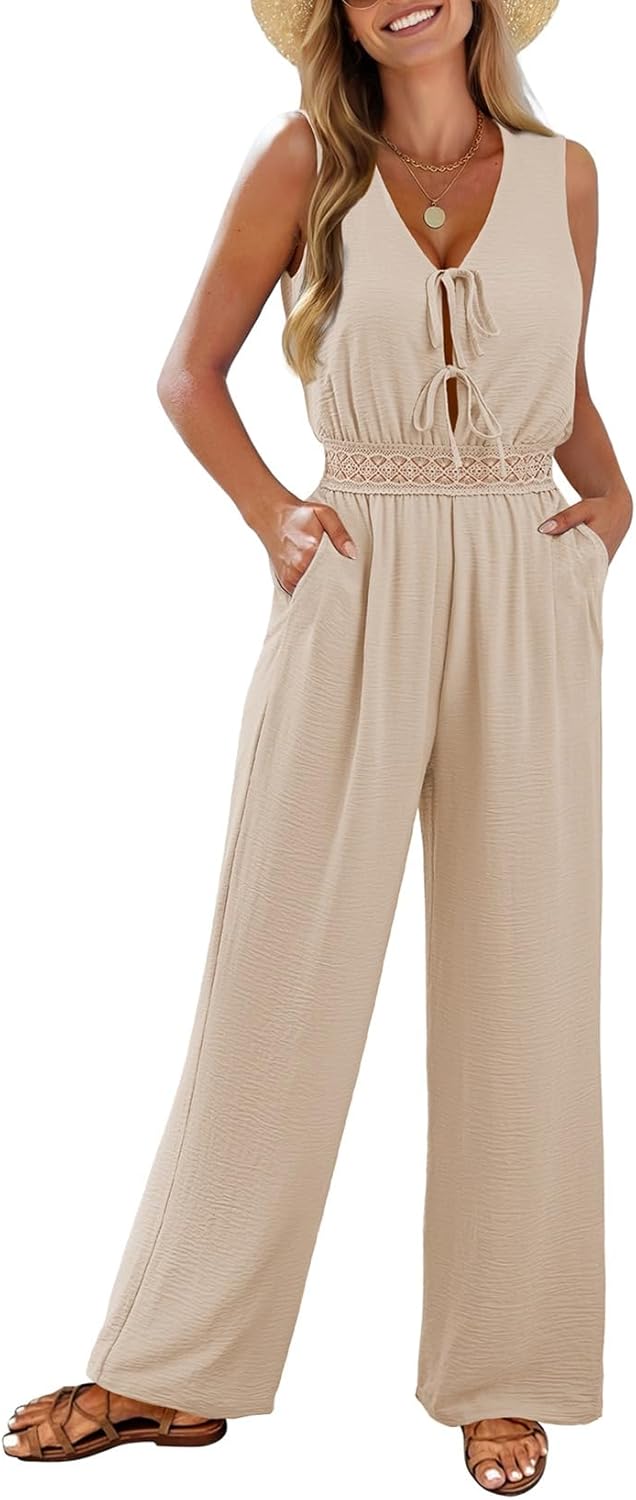 Pink Queen Jumpsuits for Women Casual Sleeveless V Neck Tie Front Wide Leg Pants Romper Summer Vacation Outfits