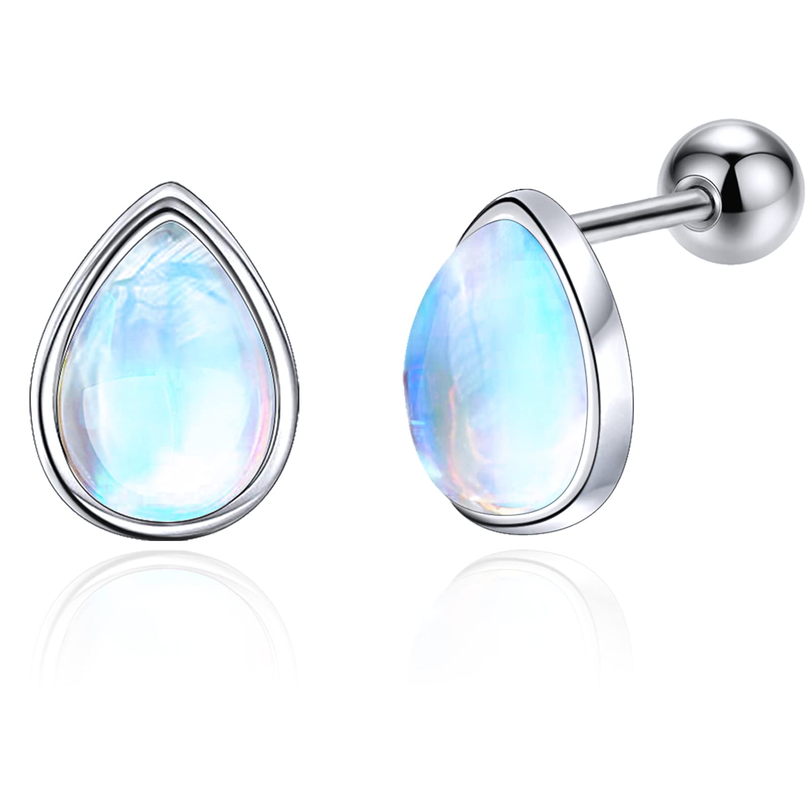 JSGEMSLEE 925 Sterling Silver Teardrop Moonstone Stud Earrings With Screw Back Hypoallergenic Small Moonstone Earrings for Women Tragus Cartilage