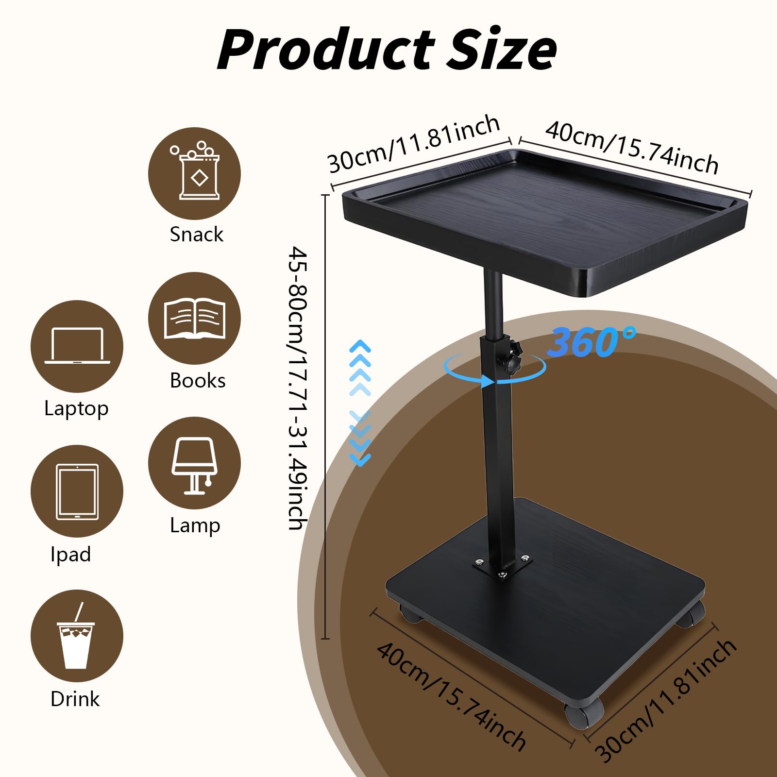 XUDREZ Mesa auxiliar ajustable en forma de C con 4 ruedas giratorias de 360°, mesa auxiliar para sala de estar, dormitorio, sofá, bañera, mesita de noche, lactancia (negro)