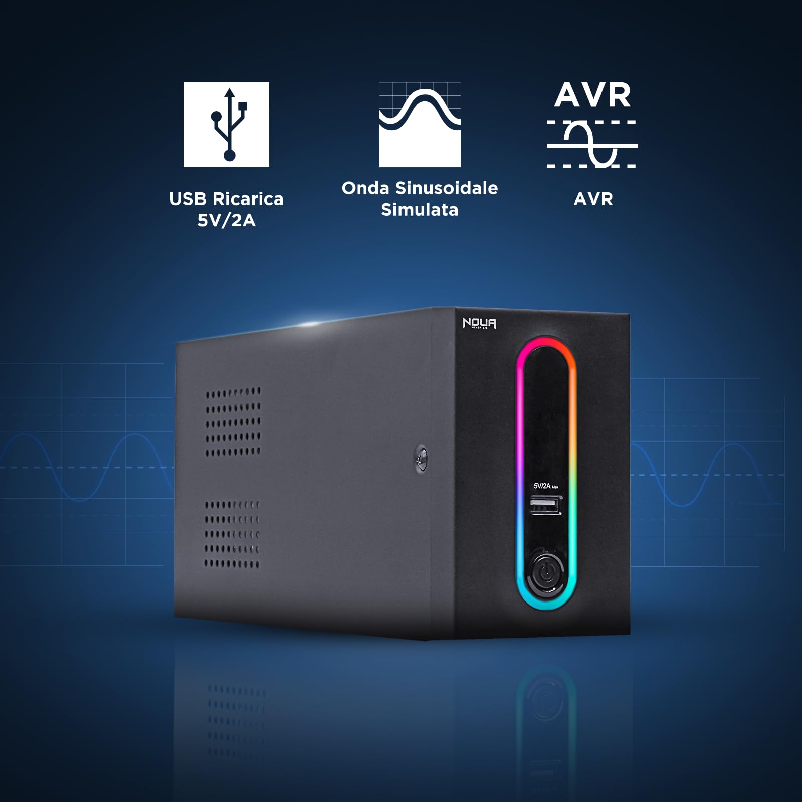 Noua Zeus 600VA RGB zasilacz awaryjny do komputera PC UPS Line Interactive 600 VA / 360 W, AVR, 2 wyjścia Schuko, port ładowania USB 5 V/2 A