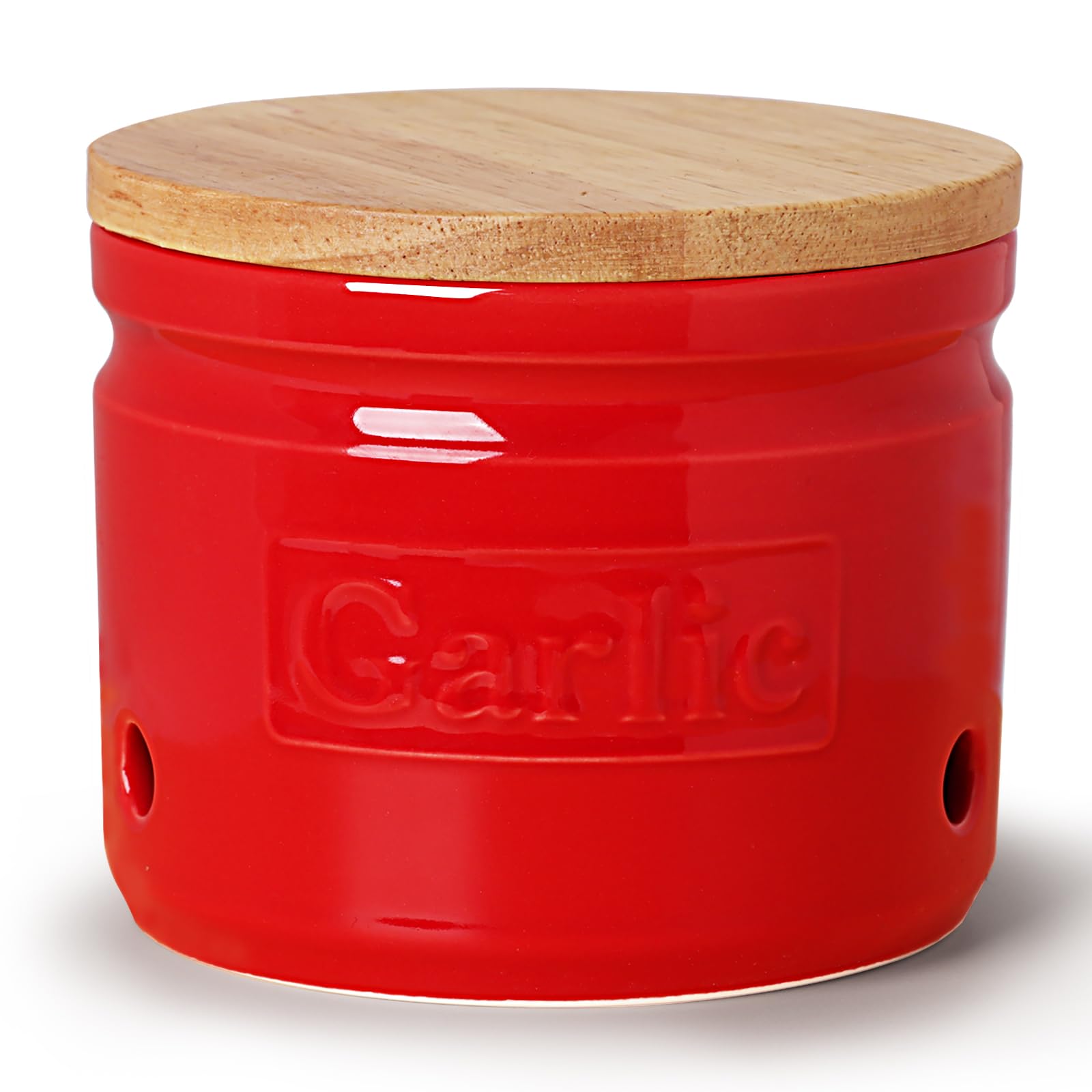 ONTUBE Garlic Keeper with Wooden Lid, Ceramic Garlic Holder Storage, Garlic Container for Kitchen, Garlic Saver to Keep Your Garlic Cloves Fresh Longer 4 Inch, Red