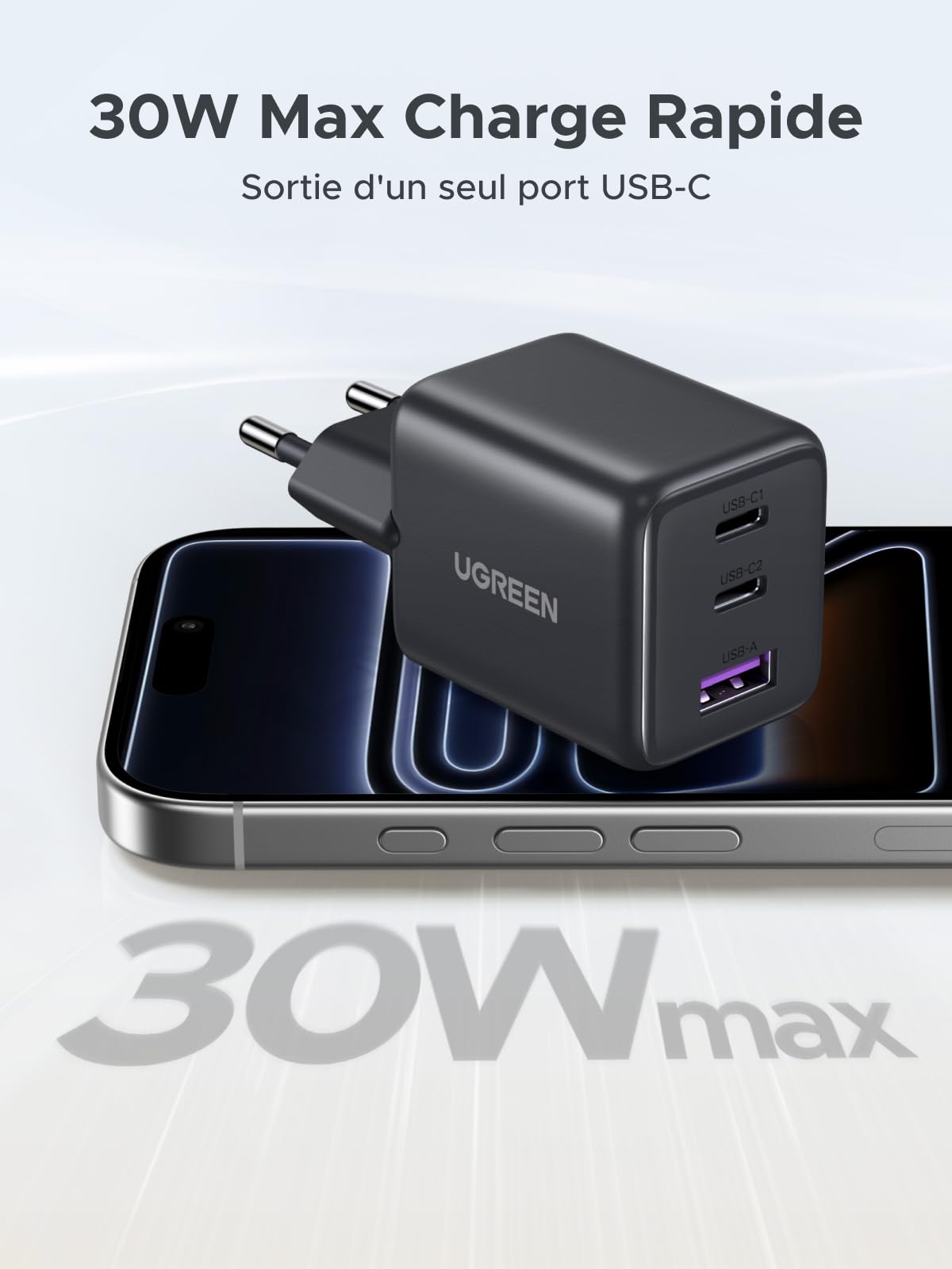 UGREEN Zapix 30W Chargeur USB C Rapide iPhone 3 Ports GaN Prise Secteur Compatible avec iPhone 17 Pro Max Air 16 15 14 Plus Pixel 9 8 Pro Galaxy S25 S24 S23 Ultra A57 A76 iPad MacBook Air Neo(Noir)