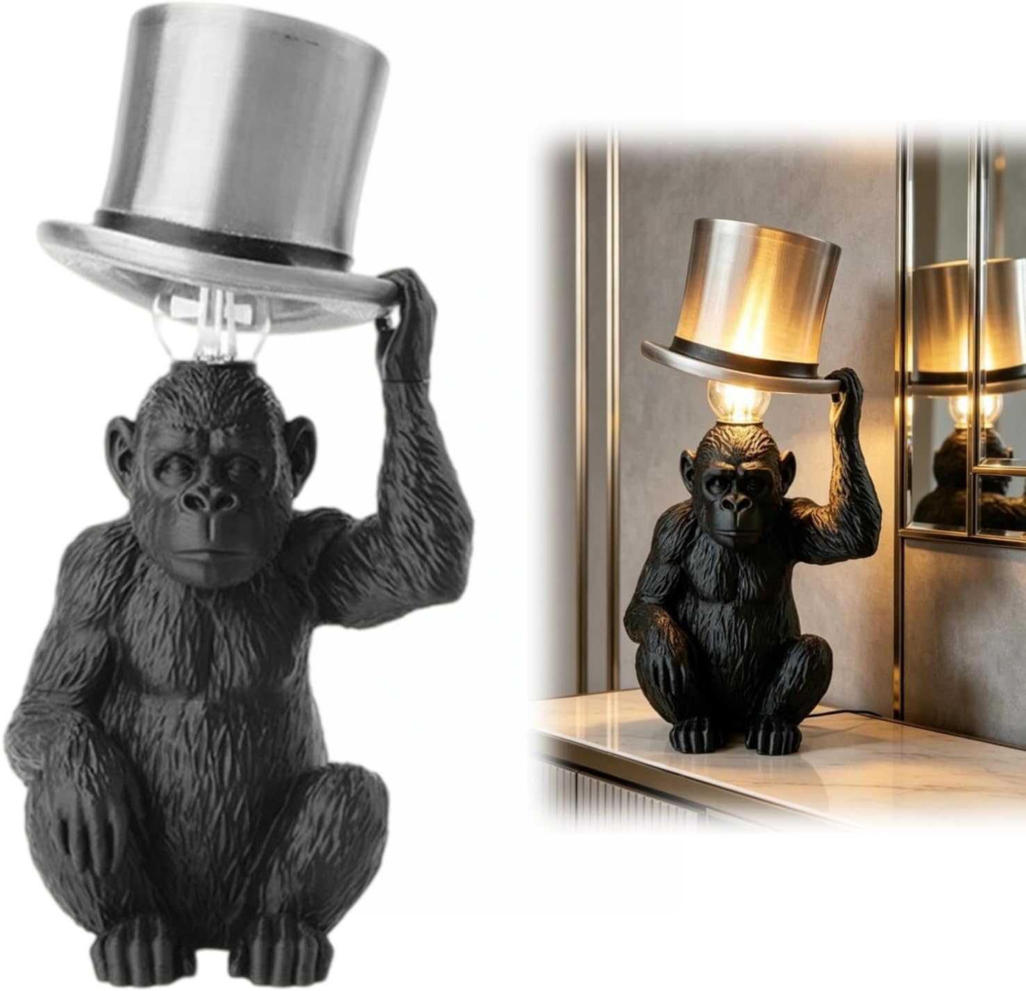 Monkey Table Lamp with Top Hat, Gold Monkey Lamp, Funny Novelty Monkeys Light, Art Deco Lamps, Warm Ambient Glow, Quirky Sculptural Animal Sculpture Desk Lamps for Bedroom Living Room Office，Black