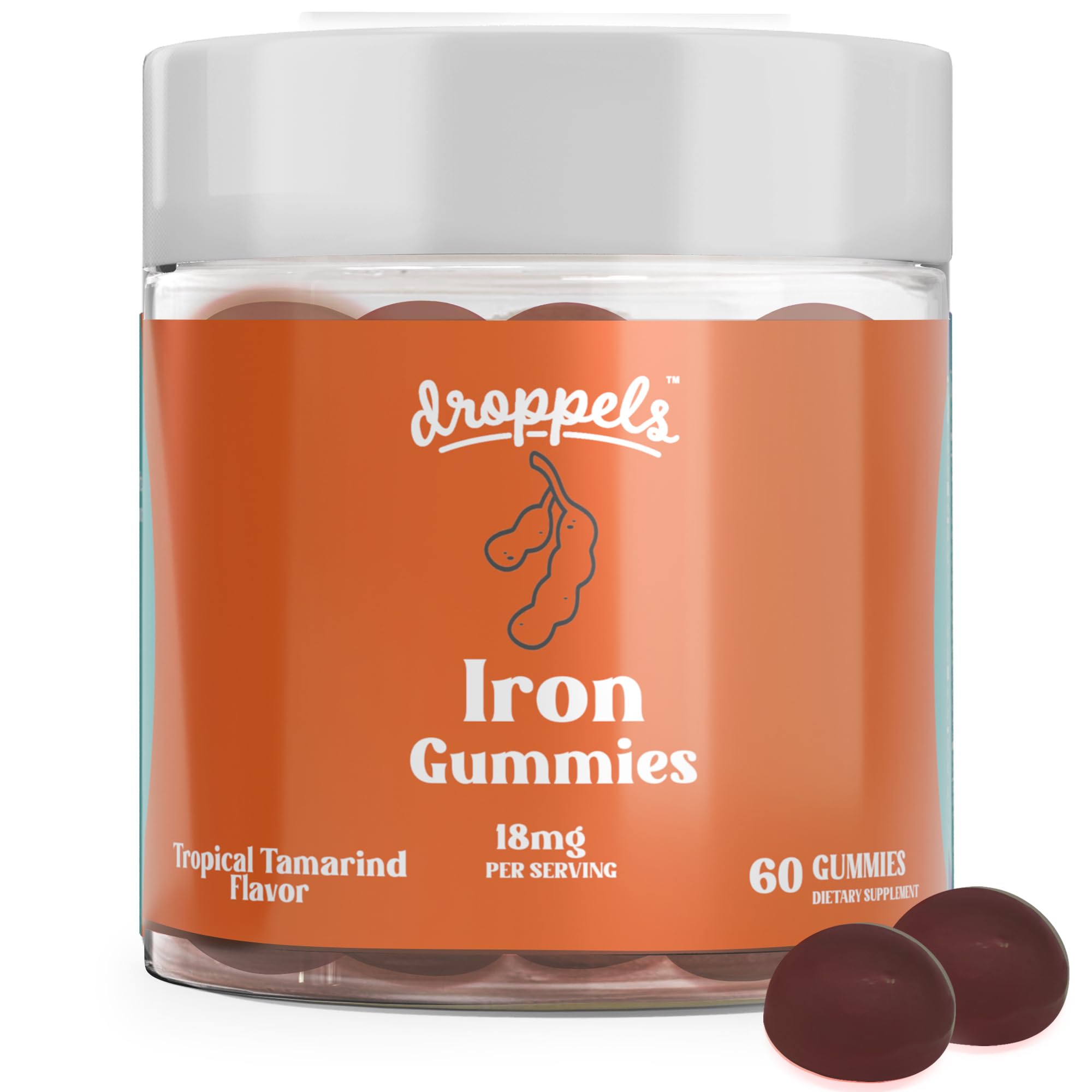 Droppels Iron Gummies 18mg for Women and Men – Vegan Plant-Based Iron Supplement | Supports Energy & Blood Health | Pectin-Based, Non-GMO, Gluten & Gelatin Free | Tamarind Flavor, 60 Count