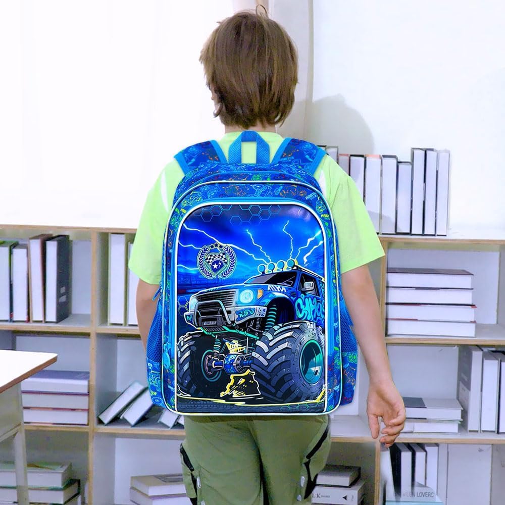 CCJPX 3Pcs Truck Backpack for Boys, 16" Cars Kids Water Resistant Preschool Bookbags,Cool Kindergarten School Backpacks with Lunch Box（Blue）
