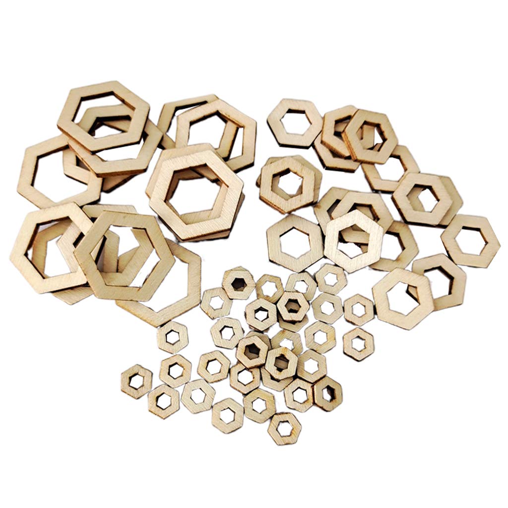 freneci 100Pcs Blank Wood Pieces Square Flowers Hexagon Hollow Unfinished Wooden Cutouts Embellishments for DIY Arts Craft Project, Picture Photo Frame Decor - Hexagon - Image 2
