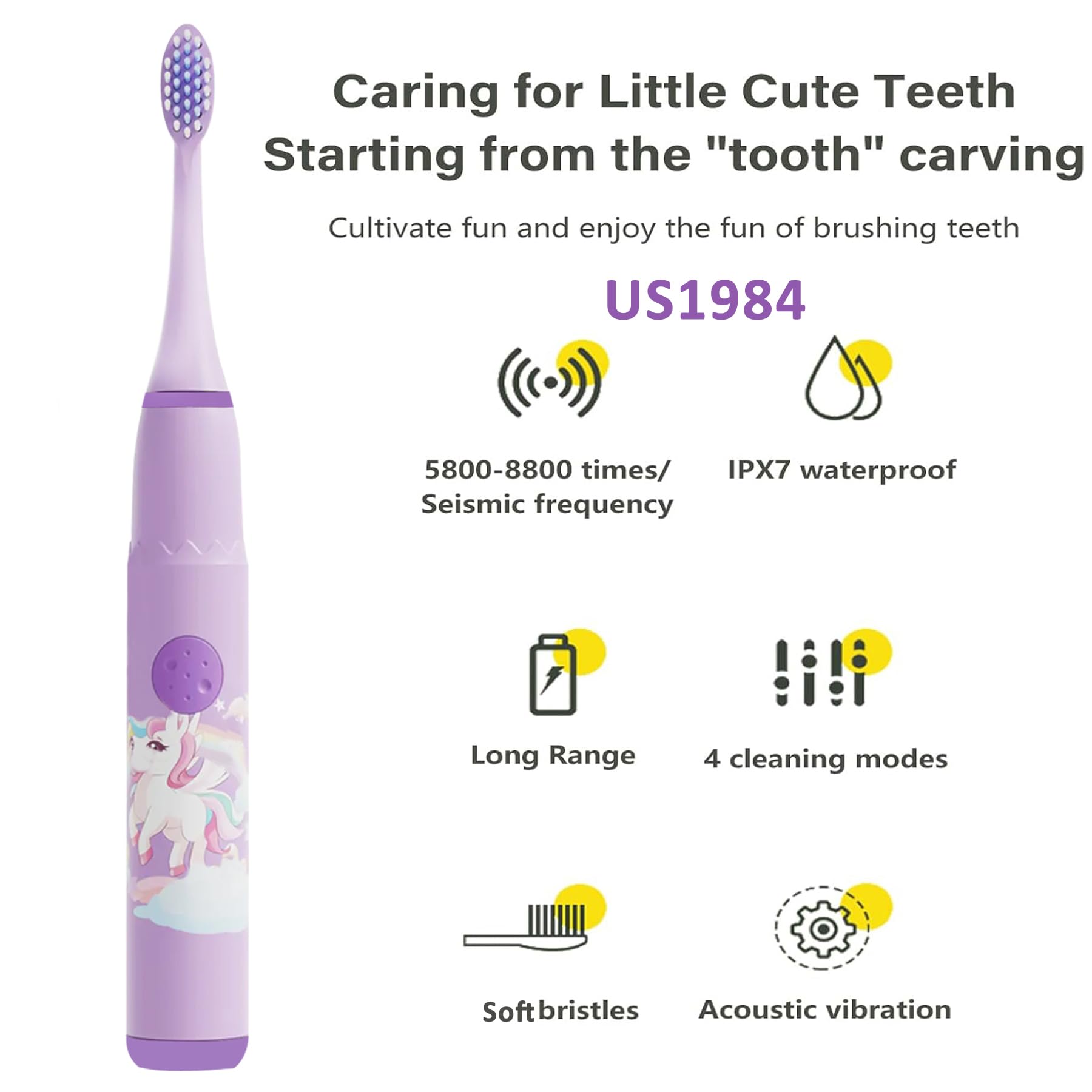 US1984 Sonic Electric Toothbrush for Kids with 4 Modes, 3 Brush Heads & Rechargeable Battery, Ultra Soft Nylon Bristles, IPX7 Waterproof, Electric Power Tooth brush (Purple) 4
