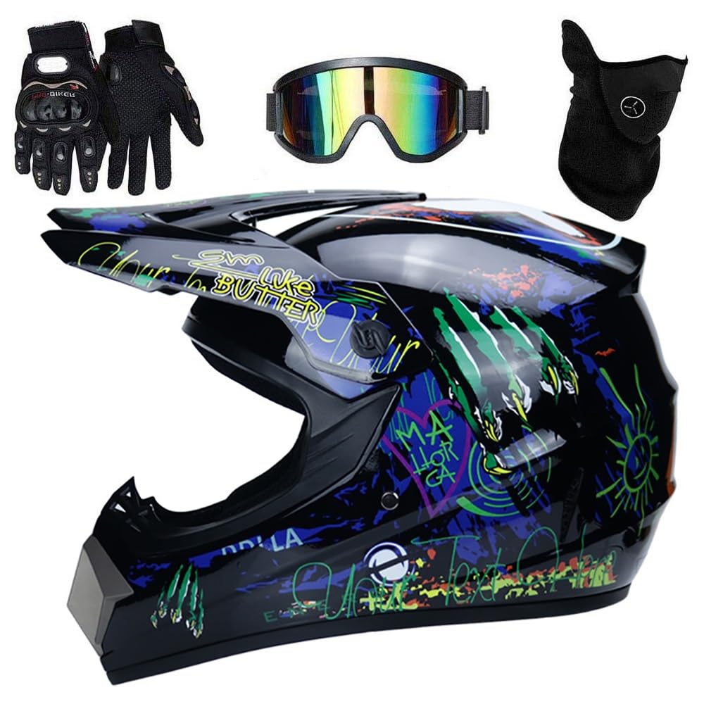 Jeunesse Enfants Casque Motocross, avec Lunettes Gants Masque, Adulte Unisexe Visage intégral MTB Moto Casque VTT Scooter Croix Casque, Descente Enduro MX Quad Vélo de Saleté Accident Casque