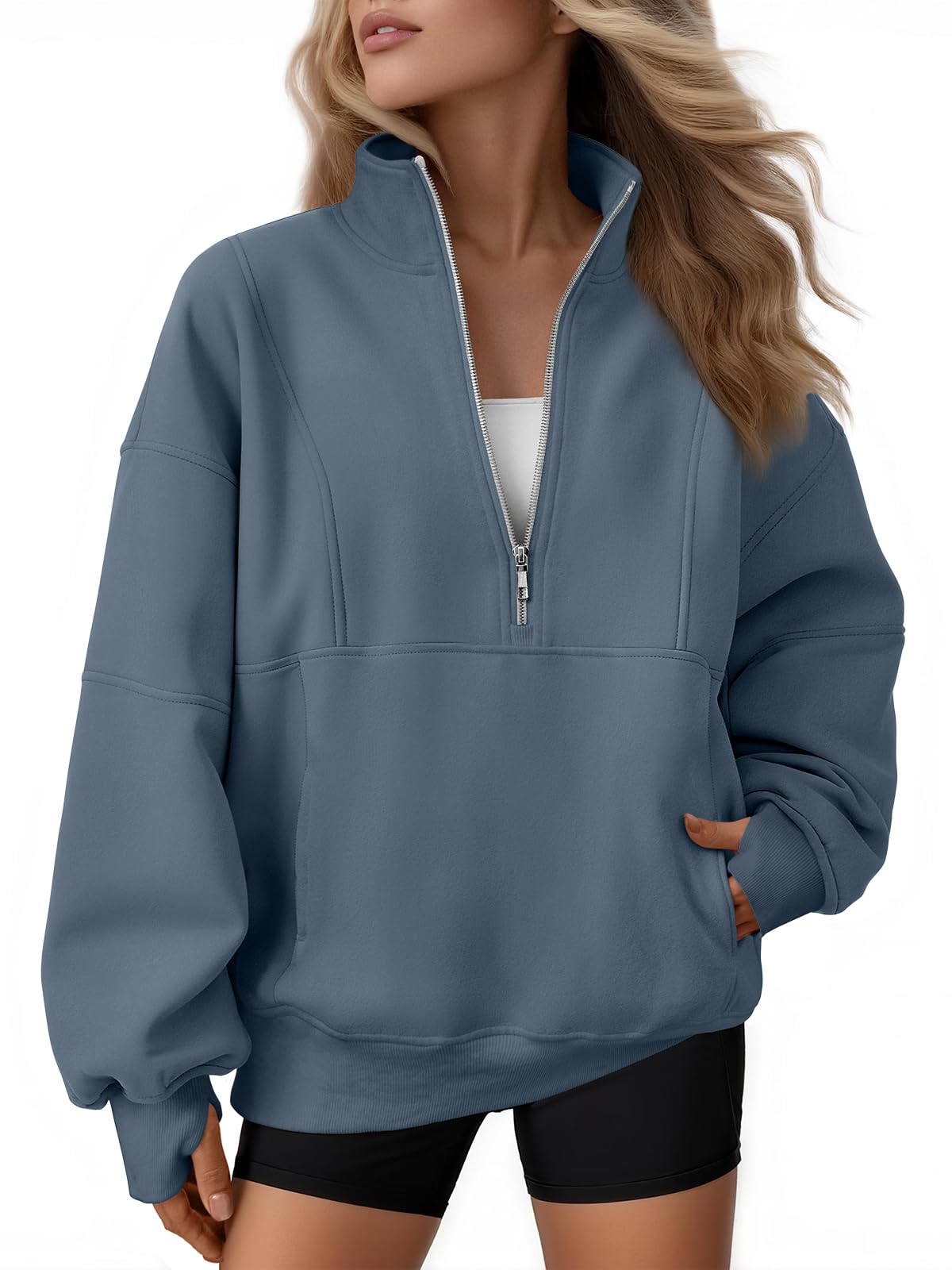 AUTOMET Women's Quarter Zip Oversized Sweatshirt Fleece Mock Neck Pullover | Half Zip, Front Pockets, Thumb Holes, Loose Mock Turtleneck Hoodies, Cozy Jackets, 2026 Fall Outfits, Winter Teacher Clothe