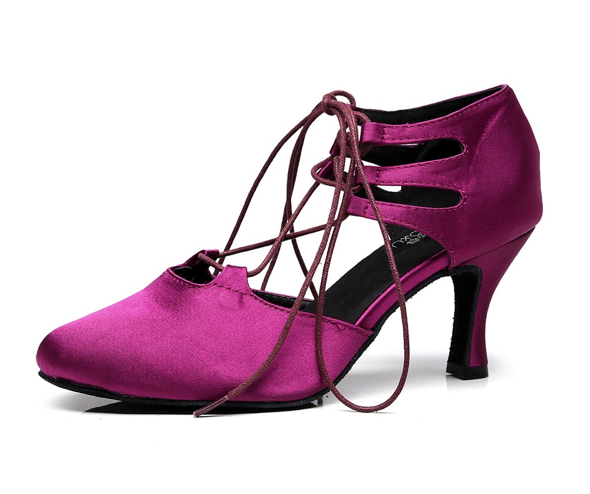 Minishion TJ7137 Women's Girls Lace-up Purple Satin Tango Latin Dancing Shoes Evening Pumps US 4