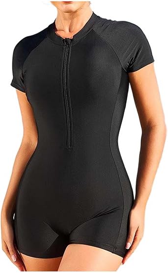Womens One Piece Rash Guard Surfing Bathing Suit Modest Short Sleeve Swimsuit Zipper Front Swimwear UPF 50+