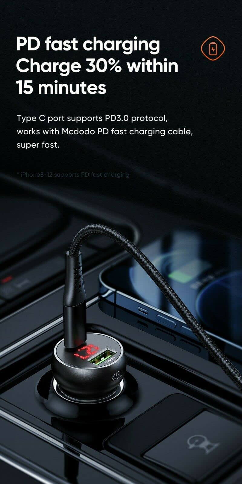 Mcdodo CC-7030 45W 1XType-c 1xUSB Girişli Dijital Göstergeli Araç Çakmak Şarjı- Siyah