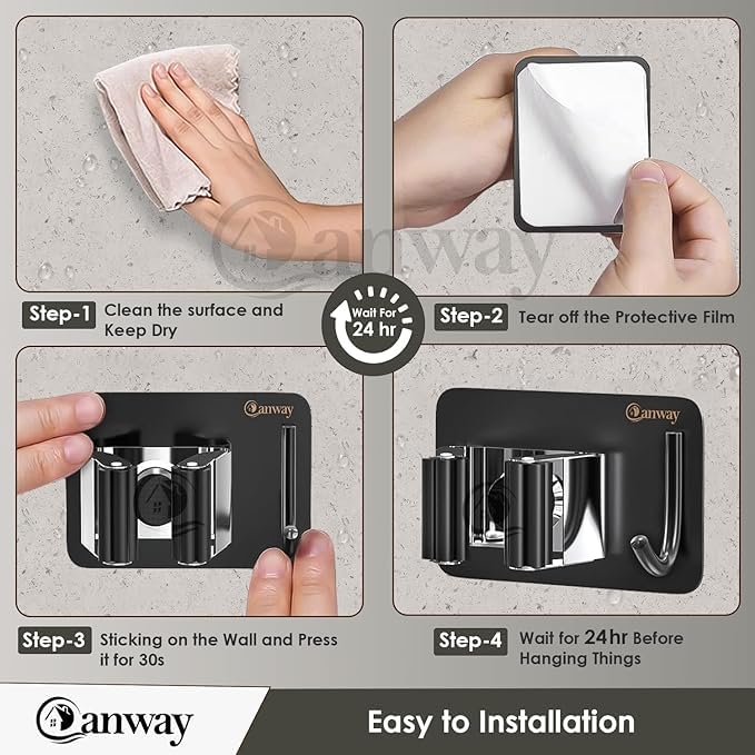 Image of CANWAY 2 Pieces (Black) Self Adhesive Heavy Duty Stainless Steel Wall Mounted Broom and Mop Stick Holder, No Drill Holders for Home, Kitchen, Garden, Laundry and Garage