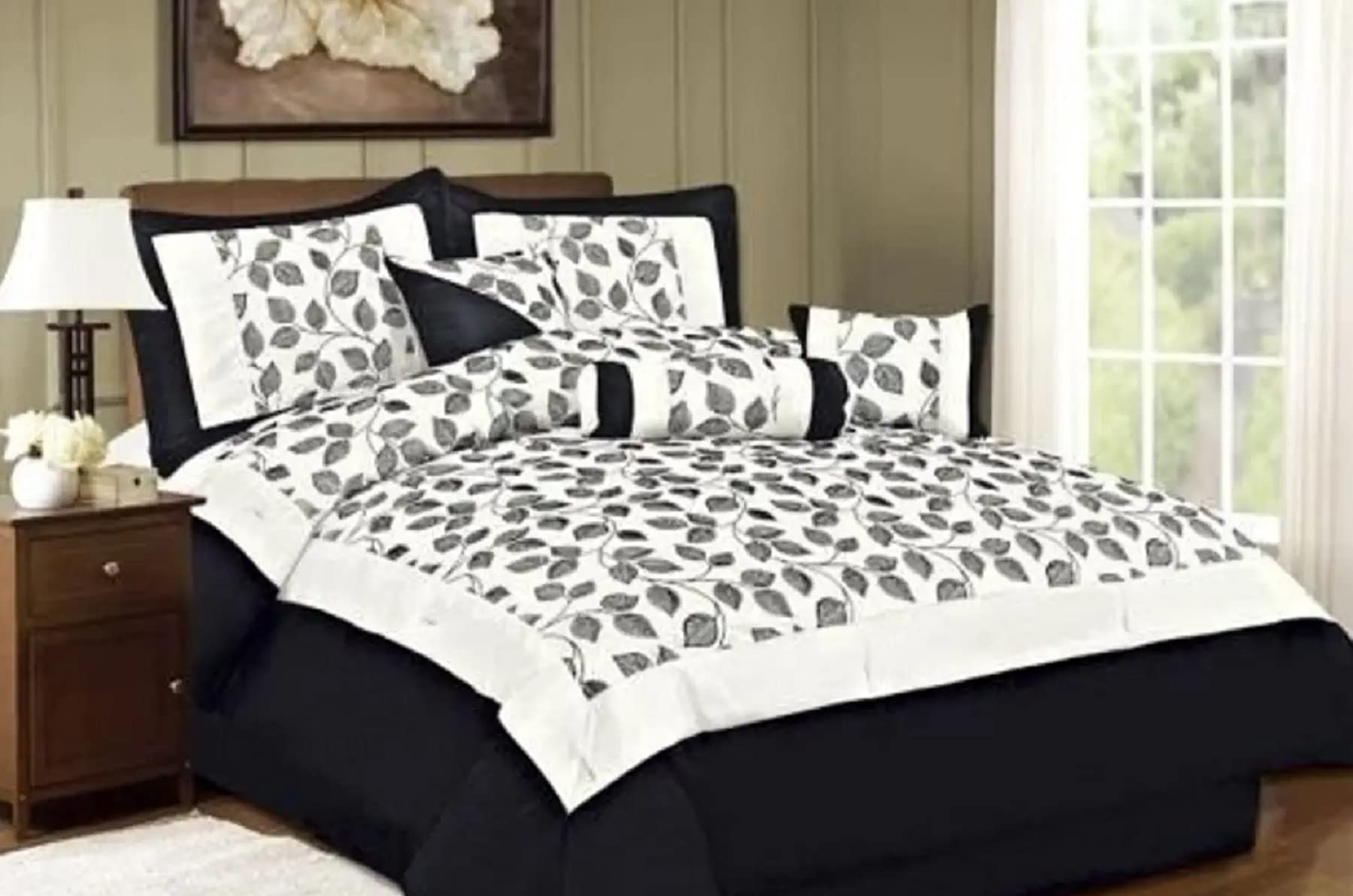 Orly'sDreamKing Size Bed in a Bag 7 pcs Luxurious Comforter Bedding Ensemble Set Leaf - White (White & Black) - Beautiful Flocking Leaf Texture