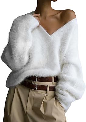 Yimoon Fuzzy Sweater for Women V Neck Long Sleeve Soft Chunky Pullover Sweater Loose Slouchy Fluffy Jumper Top