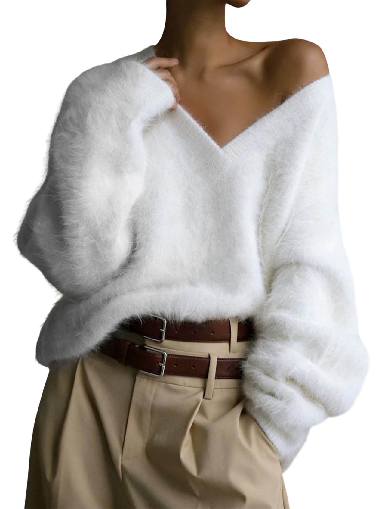 Yimoon Fuzzy Sweater for Women V Neck Long Sleeve Soft Chunky Pullover Sweater Loose Slouchy Fluffy Knitwear