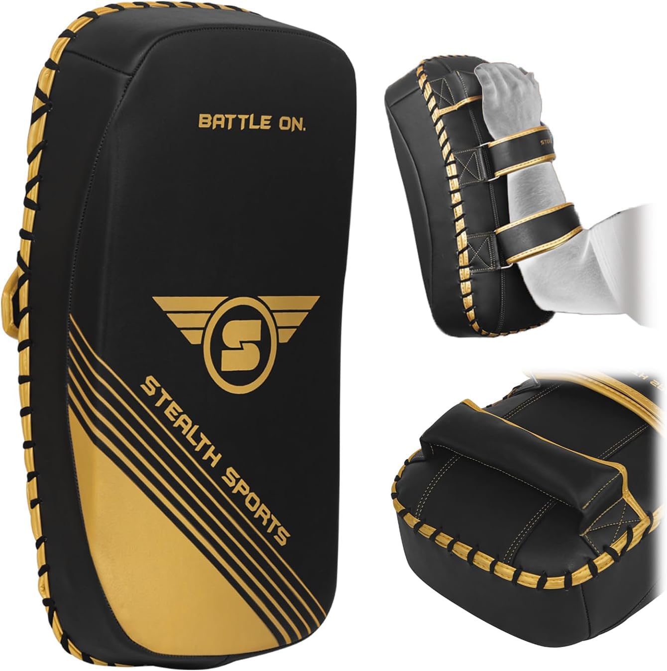 Stealth Sports Muay Thai Pad Curved (One Shield) Boxing Strike Shield for Boxing Training MMA Sparring Taekwondo Karate Martial Arts Durable Kick Shield Kickboxing Pad (1pc) (Matt Black & Gold)