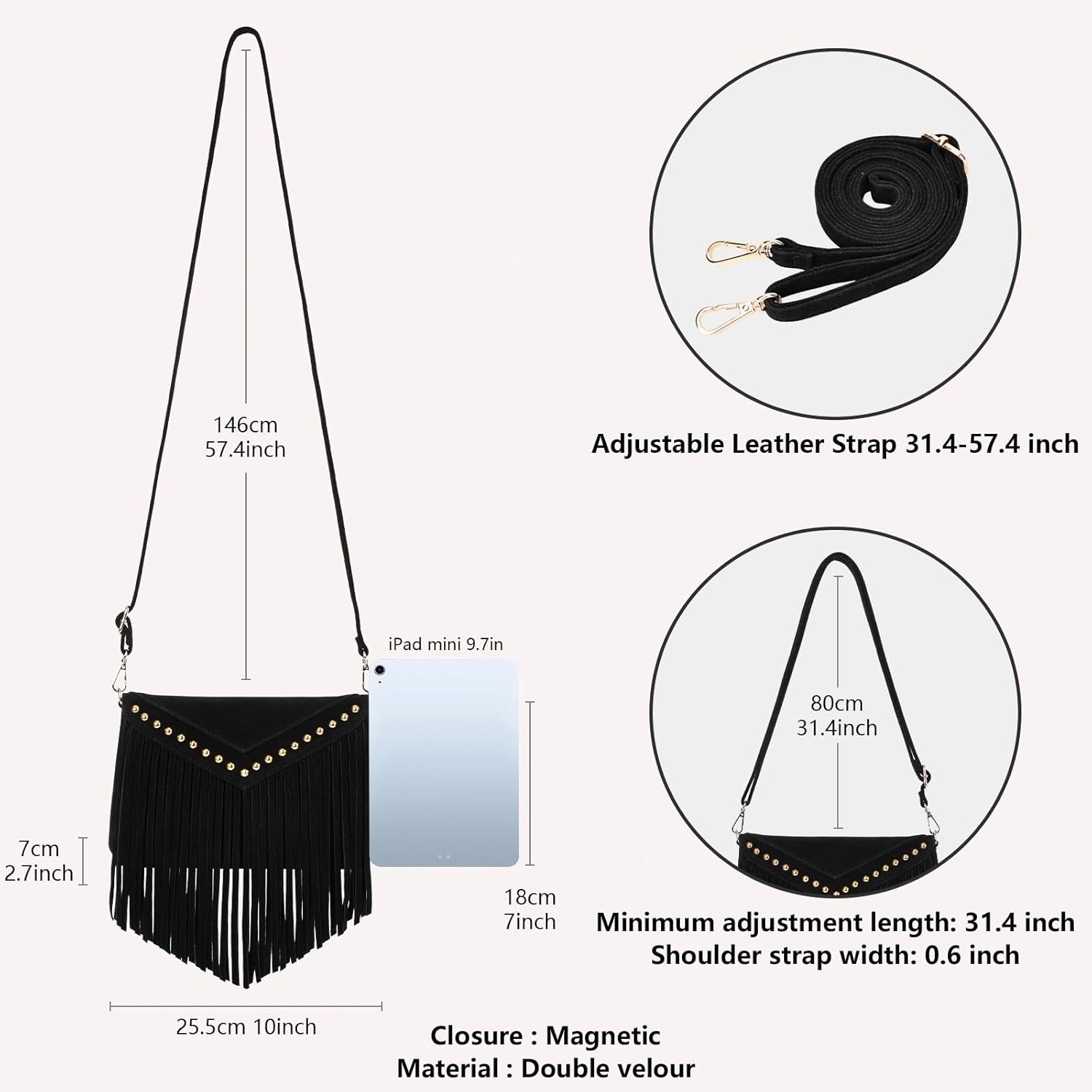 KouLi Buir Boho Western Fringe Purse for Women Double Velour Suede Crossbody Tassel Hobo Bag with Adjustable Strap - Image 4