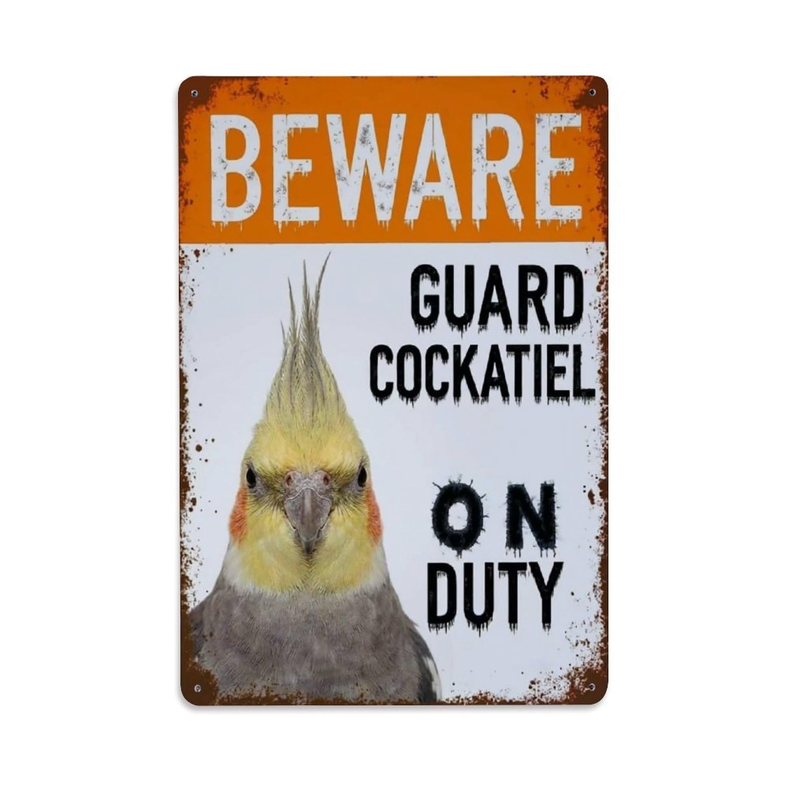 Vintage Funny Cockatiel Guard Beware of Bird Zone Metal Tin Sign Plaque Wall Decor for Cafe, Club Bar, Office, Garden Metal Poster 8x12Inch