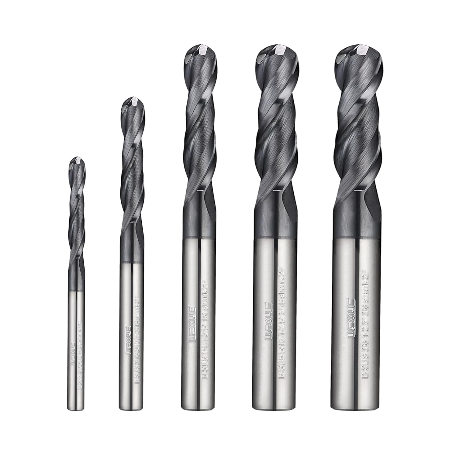 Tools Carbide Ball Nose End Mill Bits Set (1/8,3/16,1/4,5/16,3/8) 5Pcs, MAH Coating,CNC Cutting Tools for Steels，3D Carving & Engraving. 2 Flute Router Bits