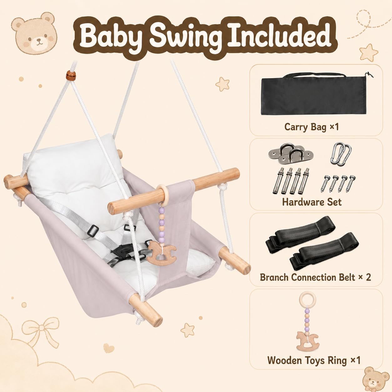 Altalena per Bambini da Interno ed Esterno 3 in 1, Altalena Sospesa in Legno con Cintura di Sicurezza e Cuscino in Cotone, Altalena sospesa e seggiolino, Sedia a Sdraio per Bambini, 6-36 Mesi