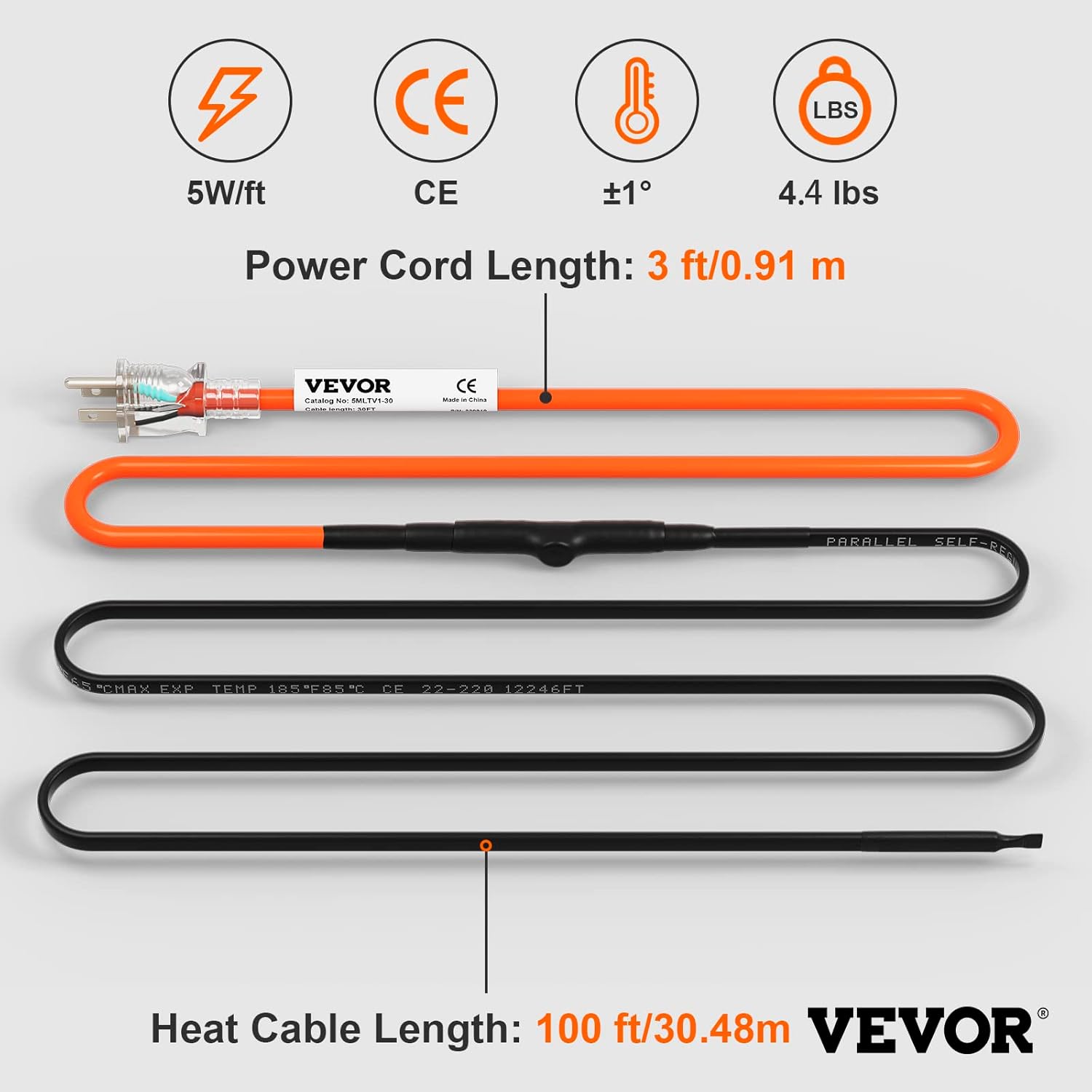 VEVOR Self-Regulating Pipe Heating Cable, 100-feet 5W/ft Heat Tape for Pipes Freeze Protection, Protects PVC Hose, Metal and Plastic Pipe from Freezing, 120V