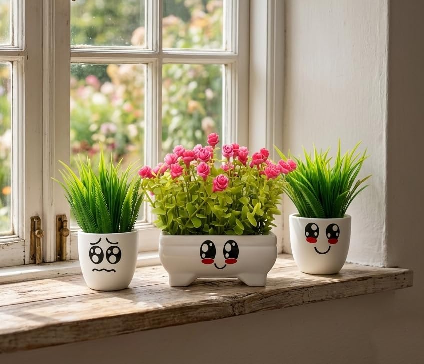 Image of Artificial Plants With Cute Smiley Face Pots Set Of 3 , Faux Green Grass & Pink Flower Pot , Decorative Mini Potted Plants For Home Decor, Office Desk, Living Room, Bedroom, Balcony & Study Table