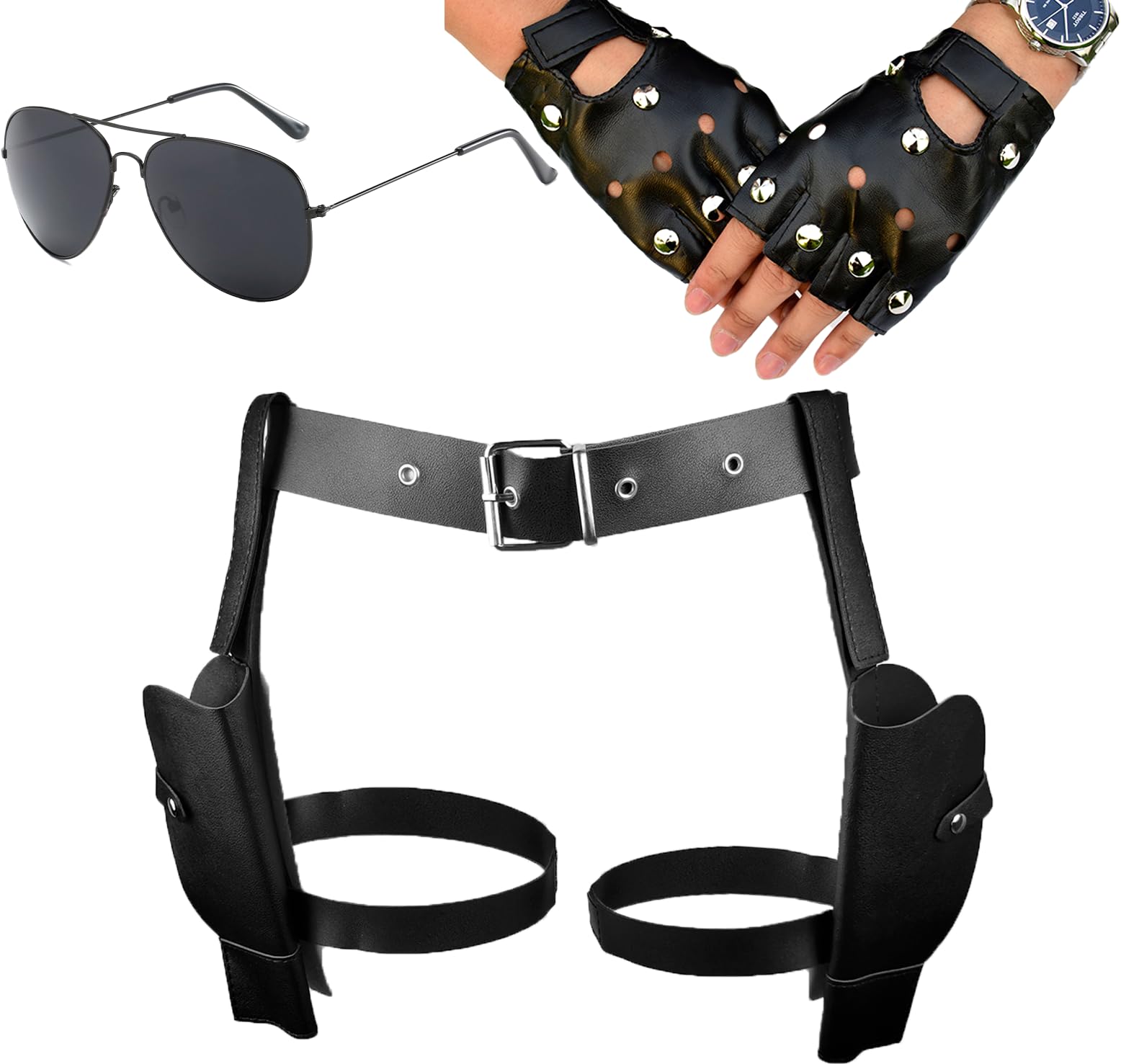 Vxcvzv Costume Accessories Gun Holster Belt Set of 3pcs Adjustable Thigh Strap with Fingerless Gloves Retro Sunglasses for Halloween Party Cosplay Adventure for Men Women