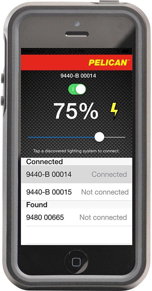 Smartphone displaying Pelican lighting system control app with battery status
